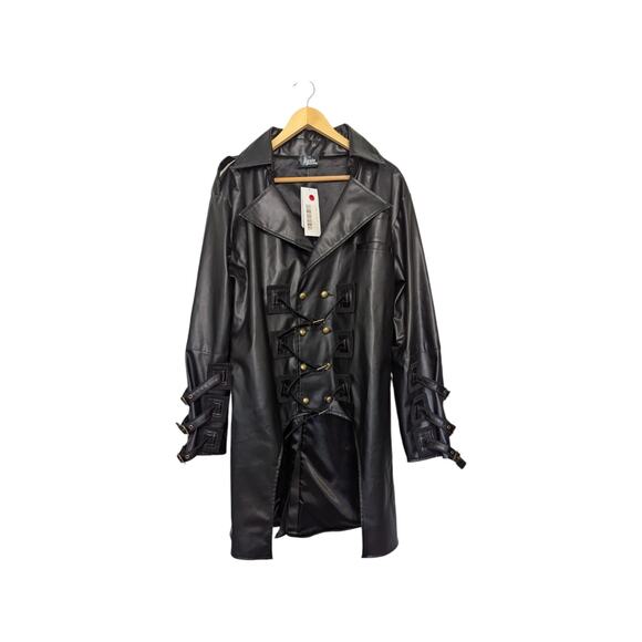 Black Vegan Leather Steampunk Trench Coat Belted Jacket Pirate Dressing PUBG - Picture 2 of 6